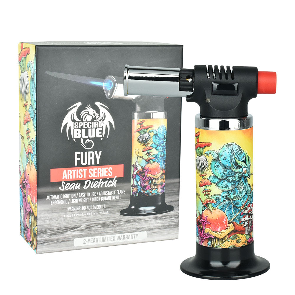 Special Blue Sean Dietrich Fury Torch Lighter, vibrant multicolor design, front view with packaging