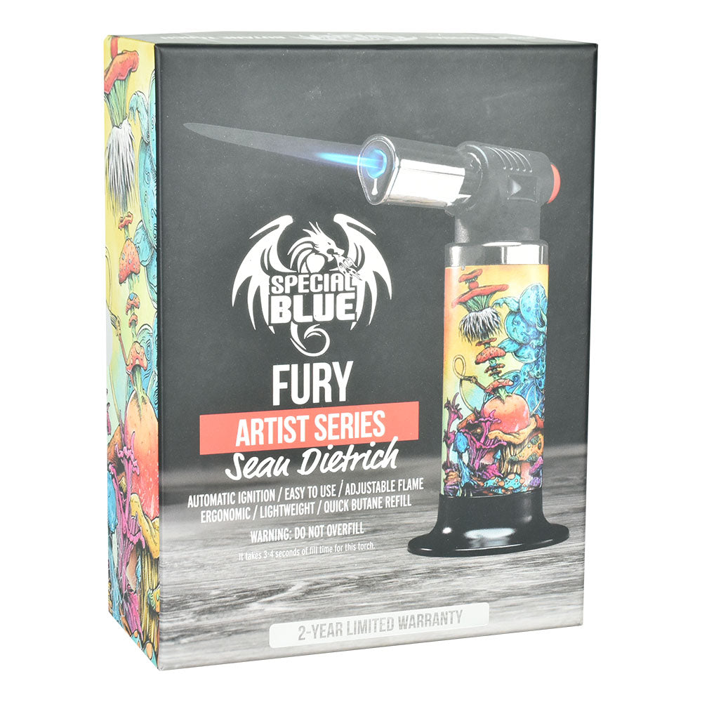 Special Blue Sean Dietrich Fury Torch with Artistic Design, Front View, on Packaging