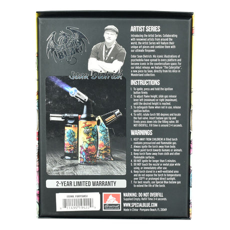 Special Blue Sean Dietrich Fury Torch Lighter, multicolored with artistic design, rear packaging view