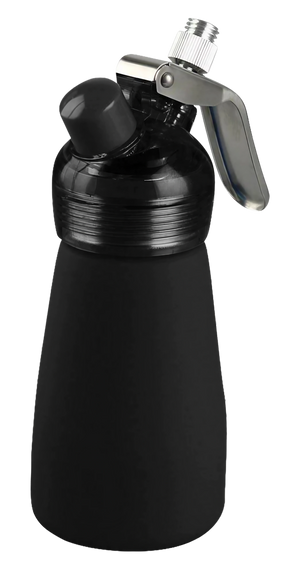 Special Blue Suede Series Black Cream Dispenser, portable steel with rubber grip, front view on white background