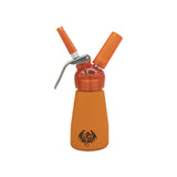 Special Blue Suede Series orange aluminum dispenser with plastic head, compact design, front view