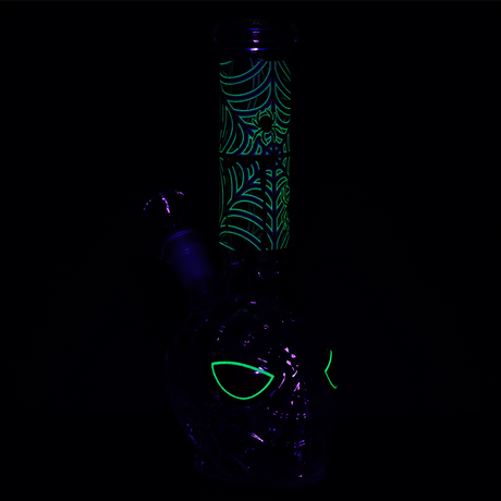 Novelty glass water pipe with a spider face base and dripping web decals, 14mm female joint, 9.75 in