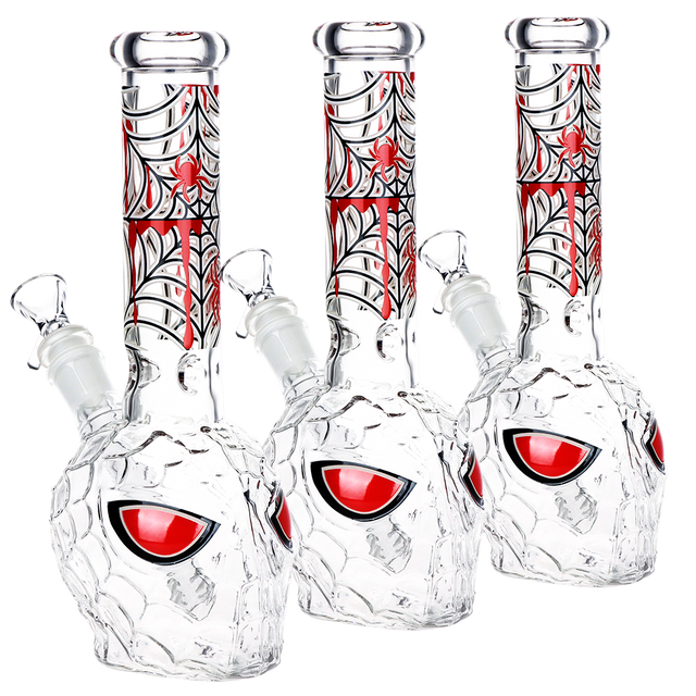 Spider Dude glow in the dark 9.75 inch borosilicate glass bong, unbranded novelty water pipe, 3 pack