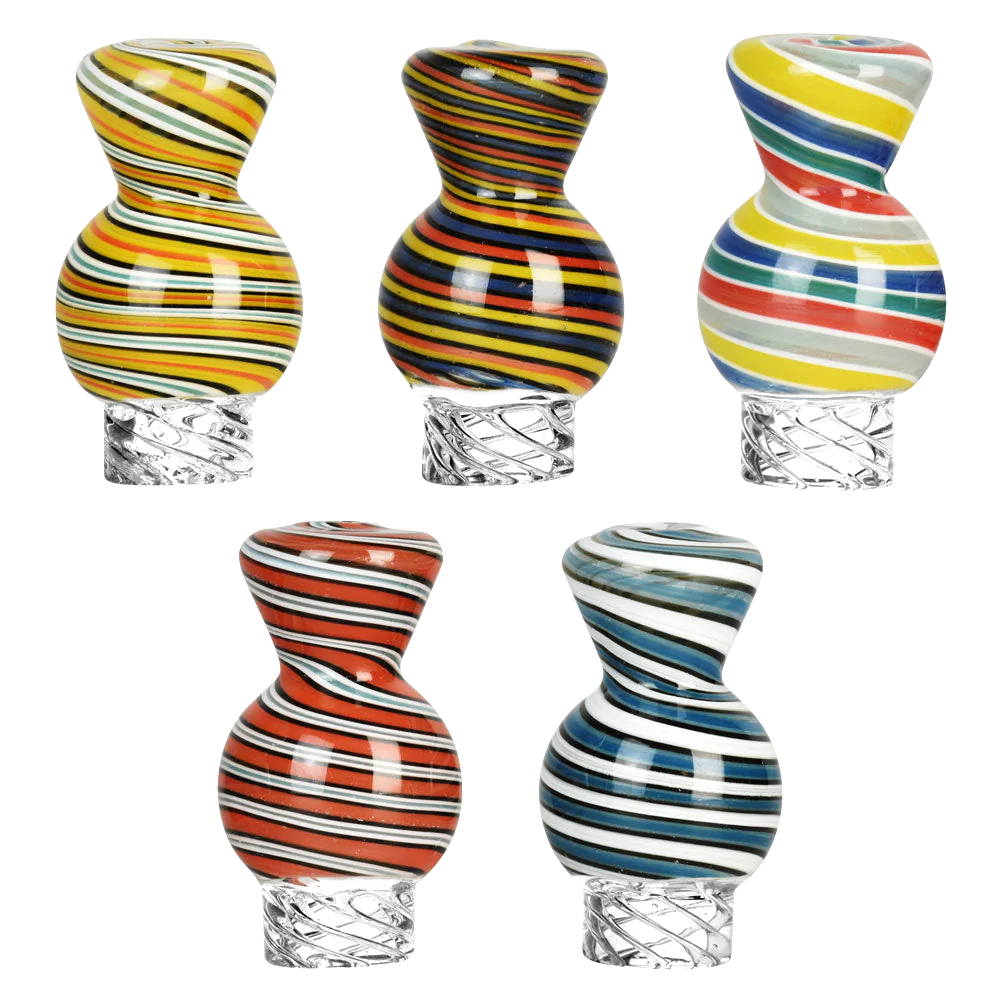 Colorful Spiral Candy Stripe Vortex Ball Carb Caps in Various Patterns, 29mm Borosilicate Glass