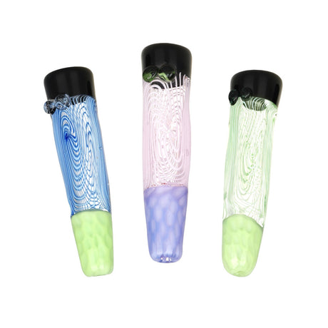 Spiral Vortex Glass One Hitters in blue, pink, and green, 3-inch size, front view on white background
