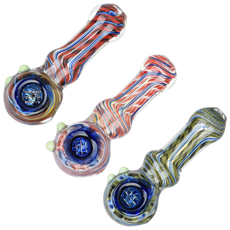 Trio of Spiraling Sensation Glass Spoon Pipes, 4.25" Borosilicate, Top View