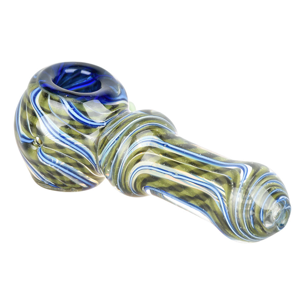 Spiraling Sensation Glass Spoon Pipe, 4.25" Borosilicate, Angled Side View