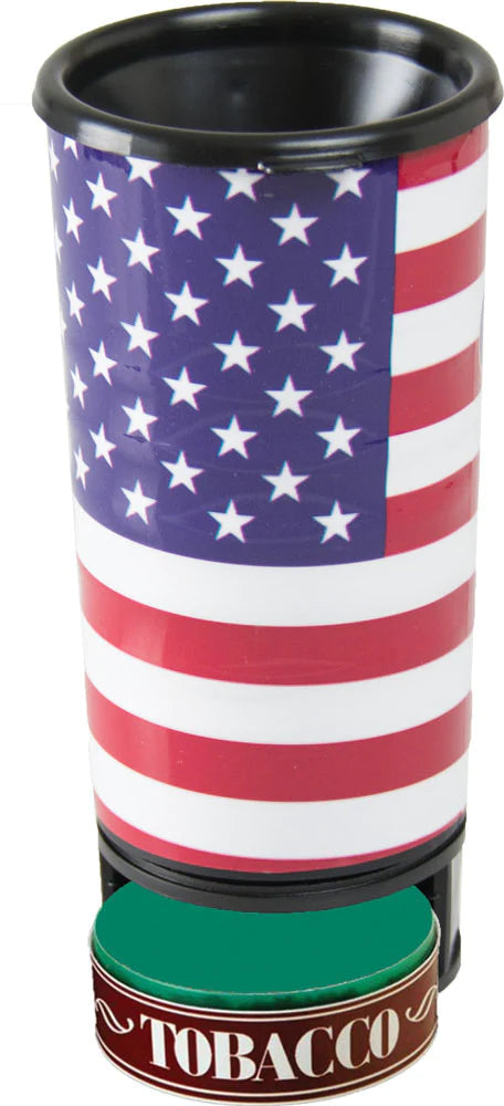 Spit Bud Spittoon with Can Cutter, US Flag design, front view on white background
