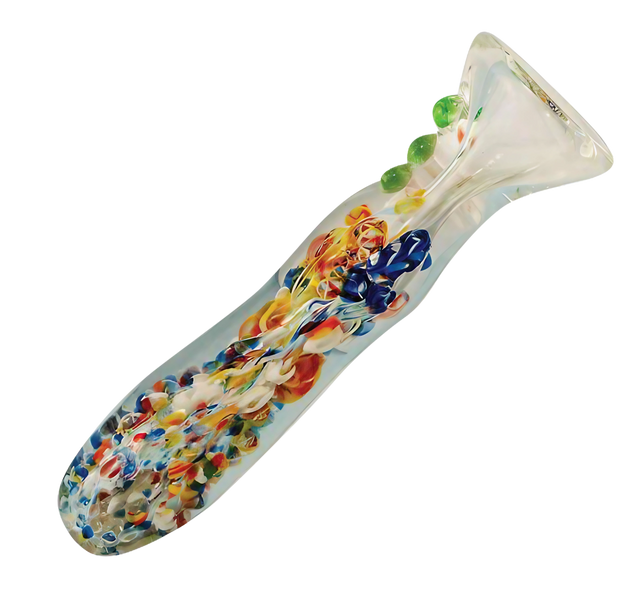 Colorful Splatter Frit Glass Chillum Taster Pipe, 3.25" Borosilicate, Angled View