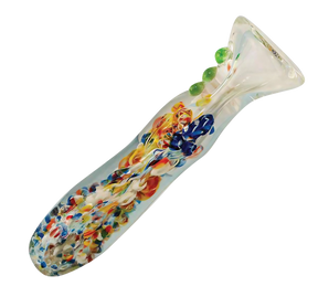 Colorful Splatter Frit Glass Chillum Taster Pipe, 3.25" Borosilicate, Angled View