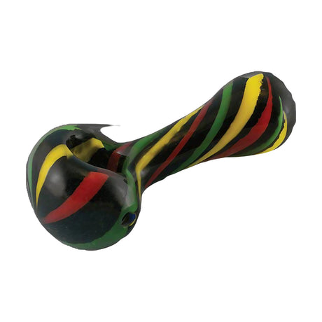 Borosilicate glass spoon pipe with vibrant Rasta stripes, 4" size, side view on striped background