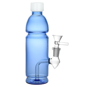 Blue Sports Drink Shaped Water Pipe, 7.5" Tall, 14mm Female Joint, Borosilicate Glass, Front View