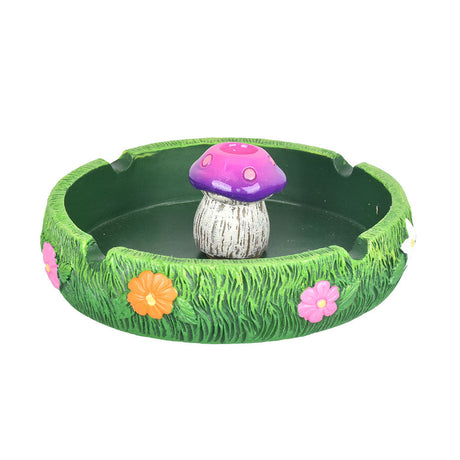 Polyresin Spring Mushroom Ashtray with Cigarette Snuffer, Front View on White Background