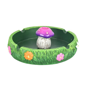 Polyresin Spring Mushroom Ashtray with Cigarette Snuffer, Front View on White Background