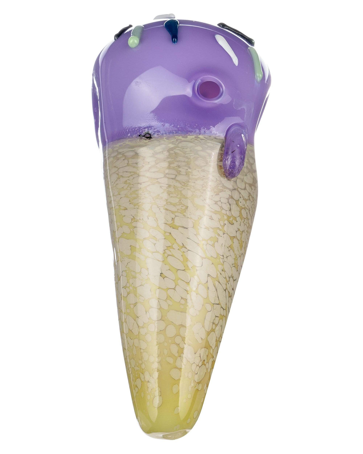 Valiant Distribution Sprinkle Cone Spoon Pipe, Portable Borosilicate Glass, Green/Purple, Front View