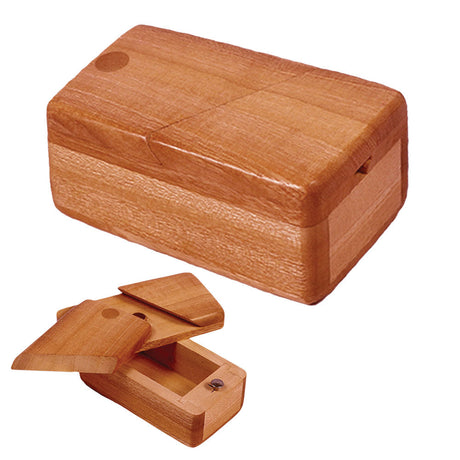 Square Wooden Trick Storage Box, compact design with hidden compartments, shown closed and open