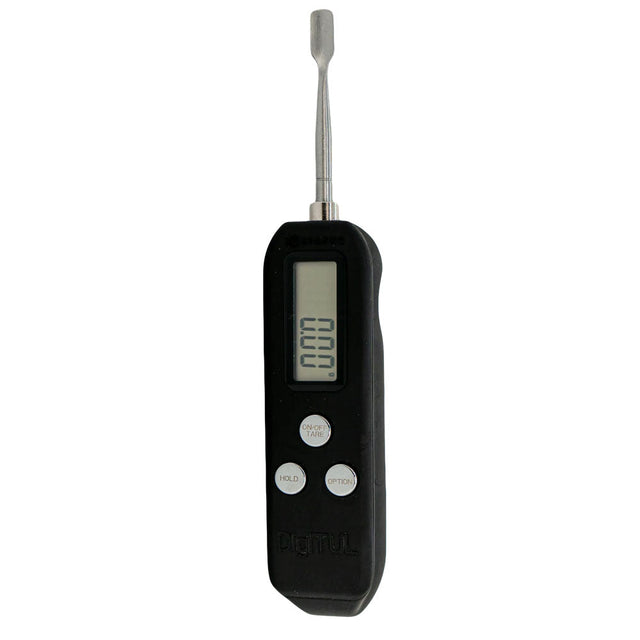 Stache Products Digitul Microdose Scale in black, front view, portable design with digital display
