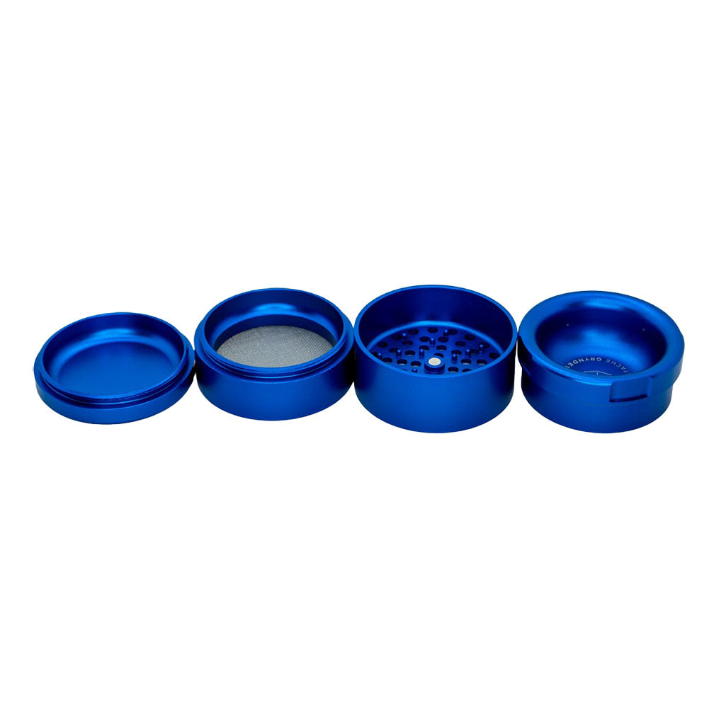 Stache Products Grynder in blue, 4pc/2.5" steel, portable design, displayed disassembled on a white background