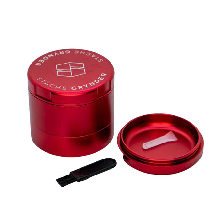 Stache Products Grynder in red, 5-piece portable herb grinder with scraper tool, side view on white background