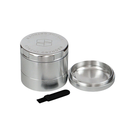 Stache Products Grynder in Silver, 5pc steel herb grinder with kief catcher, side view on white background