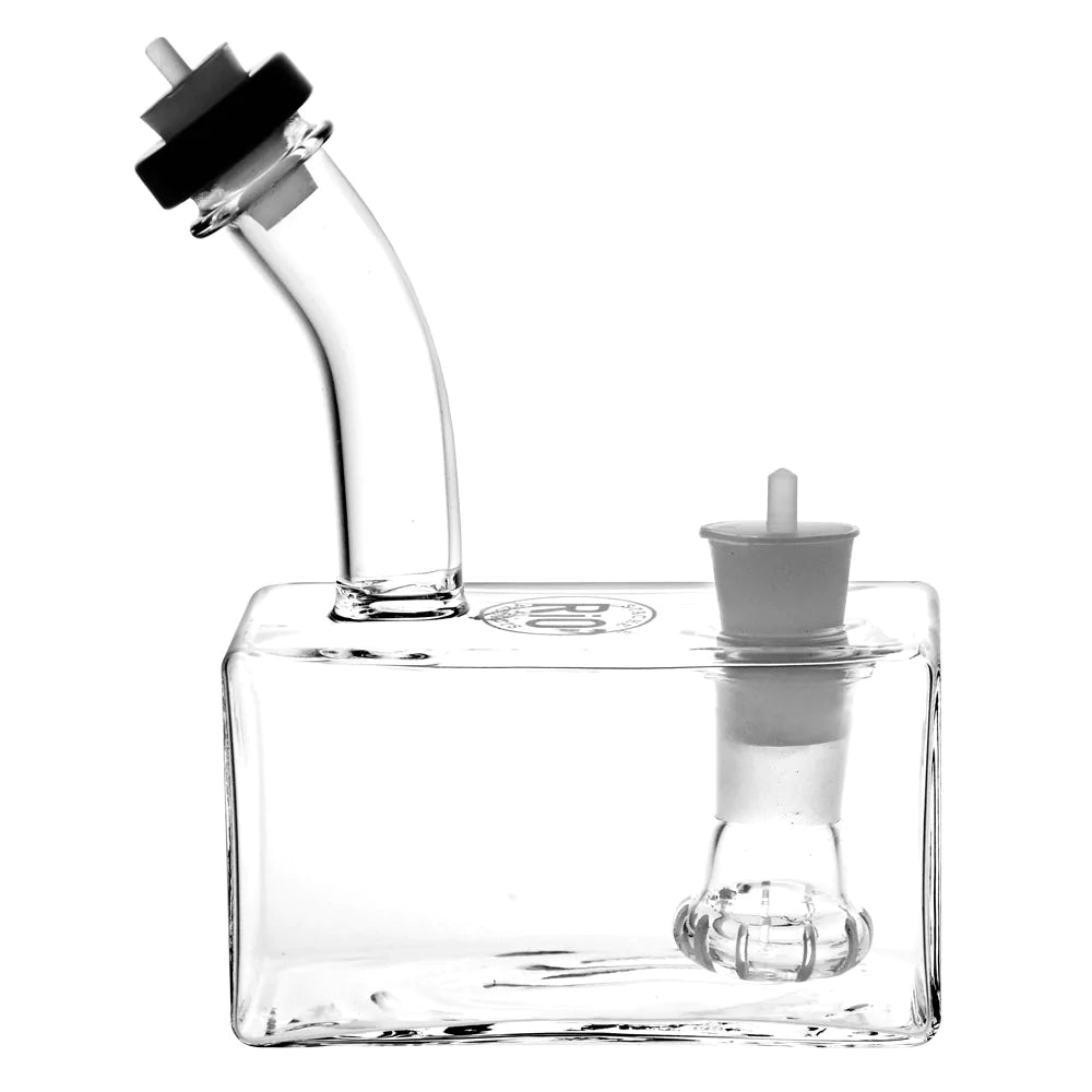 Stache Products clear glass bubbler for Rig in One, compact design, 90-degree joint, side view