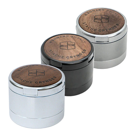 Stache Products 3pc Grynder with Wood Lid in Black, Gray, Silver, Portable Design