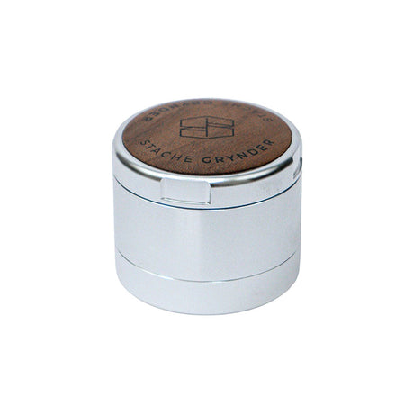 Stache Products 3pc Grynder with Wood Lid in Silver, Portable Metal Herb Grinder, Front View