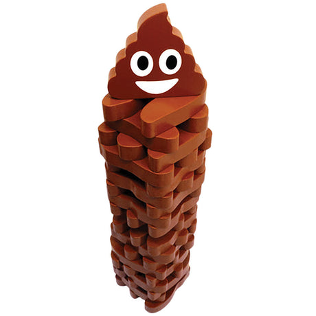 Stack the Poops Tower Game, wooden block stacking game with smiling poop emoji, front view