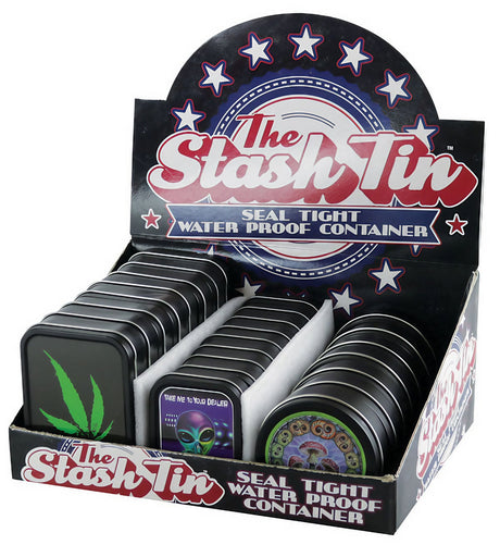 24-pack of Stash Tins in display box, seal tight, waterproof, compact design, front view