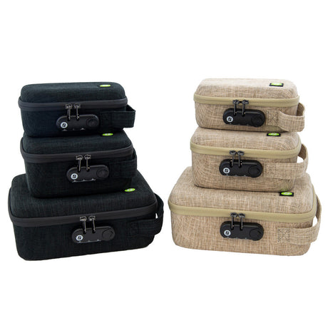 Stacks of Stashlogix Silverton lockable stash cases in black and tan, portable with secure locks