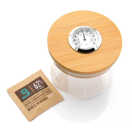 Stashlogix SmartJar with bamboo lid and built-in analogue humidity sensor, clear borosilicate glass