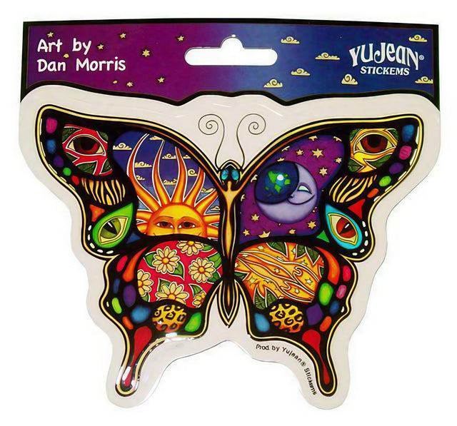 Dan Morris Butterfly Sticker by Yujean featuring colorful psychedelic design, front view on white background