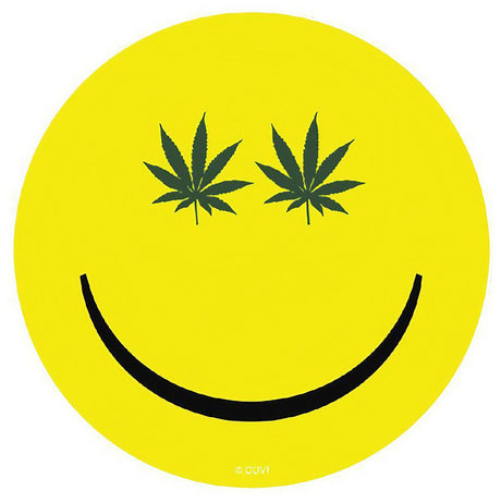 Hemp Leaf Smiley Face Sticker, 4" Diameter, Novelty Home Goods, Bright Yellow