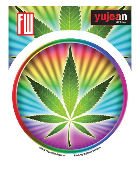 Psychedelic Hemp Leaf Sticker by Frank Wiedemann, vibrant rainbow vinyl design, 4" compact size