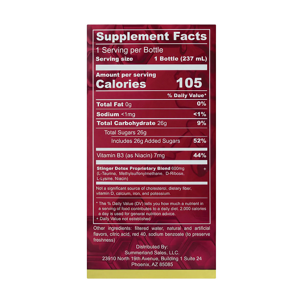 Stinger Instant Total Body Detox Strawberry 8oz, back label with nutritional information