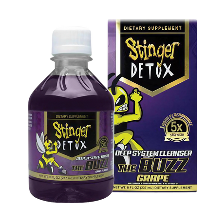 Stinger The Buzz 5X Strength Detox grape flavor in a portable 8 oz bottle with packaging