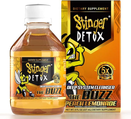 Stinger Detox The Buzz 5X Strength in Peach Lemonade flavor, compact 8 oz bottle, front view