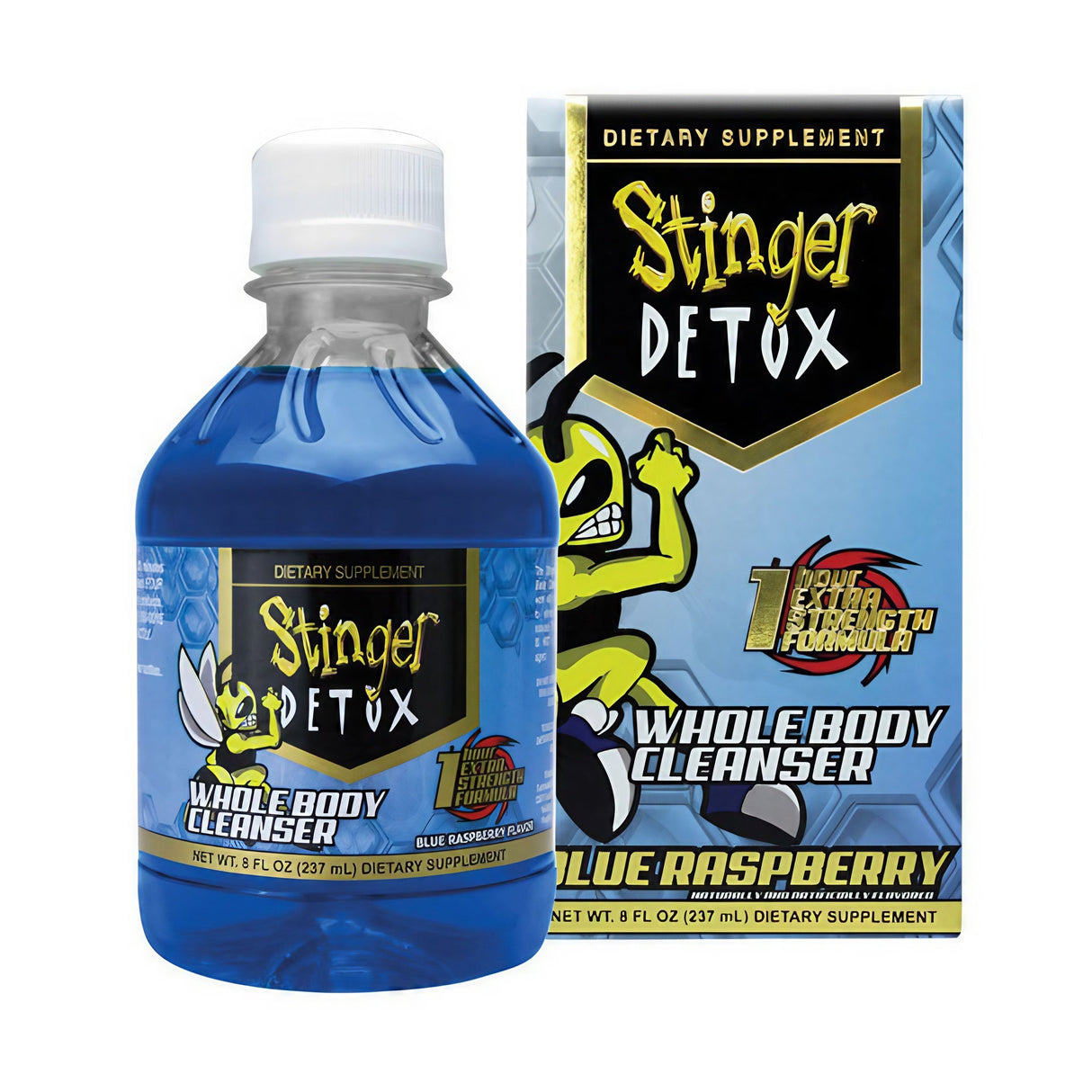 Stinger Detox Whole Body Cleanser 8oz bottle with Blue Raspberry flavor, front view with box