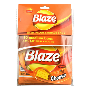 Stink Sack "Blaze" Chips themed smell-proof bags, 10-pack, front view on white background