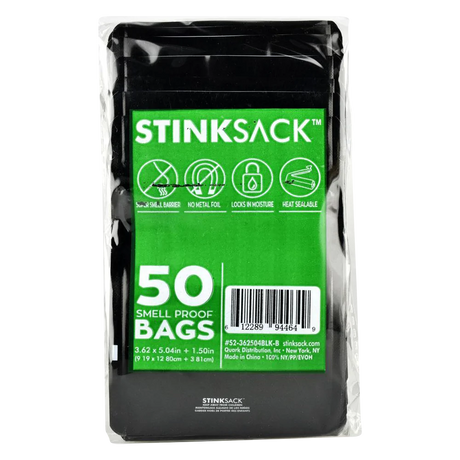 Stink Sack Dymapak black smell-proof storage bags, front view, pack of 50, portable and resealable