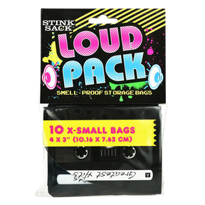 Stink Sack Loud Pack Smell-Proof Bags, 10 Pack, 4x3 inches, Front View with Cassette Design