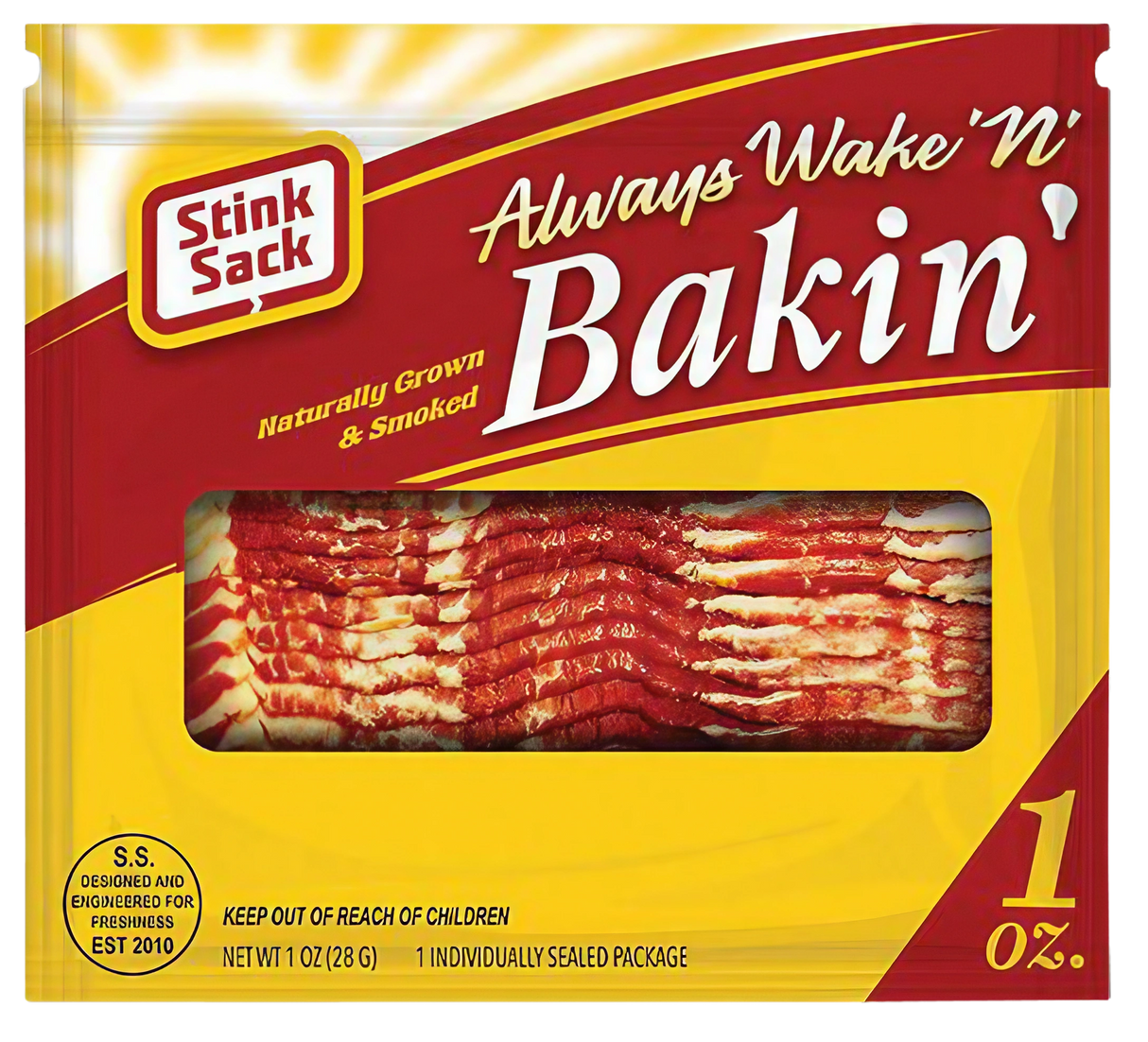 Stink Sack Wake N Bakin red smell-proof storage bag with bacon design, 3 pack