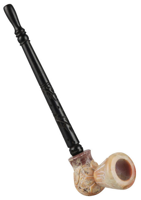 Stone Carved Pipe with Intricate Designs and Wooden Stem - 7.5 Inch Side View