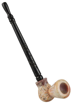 Stone Carved Pipe with Intricate Designs and Wooden Stem - 7.5 Inch Side View