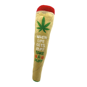 Stoned Puppy Joint Squeaky Dog Toy with humorous slogan, 12" long, front view on white background