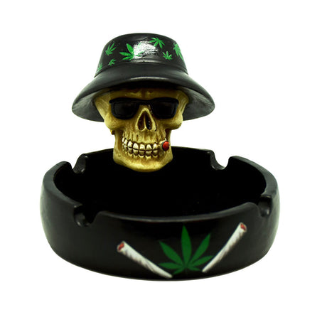 Stoned to the Bone Ashtray featuring a skull with a cannabis-themed hat, front view on a white background