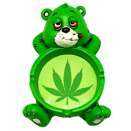 Green Stoner Bear Polyresin Ashtray with Cannabis Leaf Design - Front View