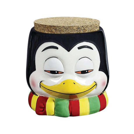 Ceramic Stoner Penguin Stash Jar with cork lid, front view on white background