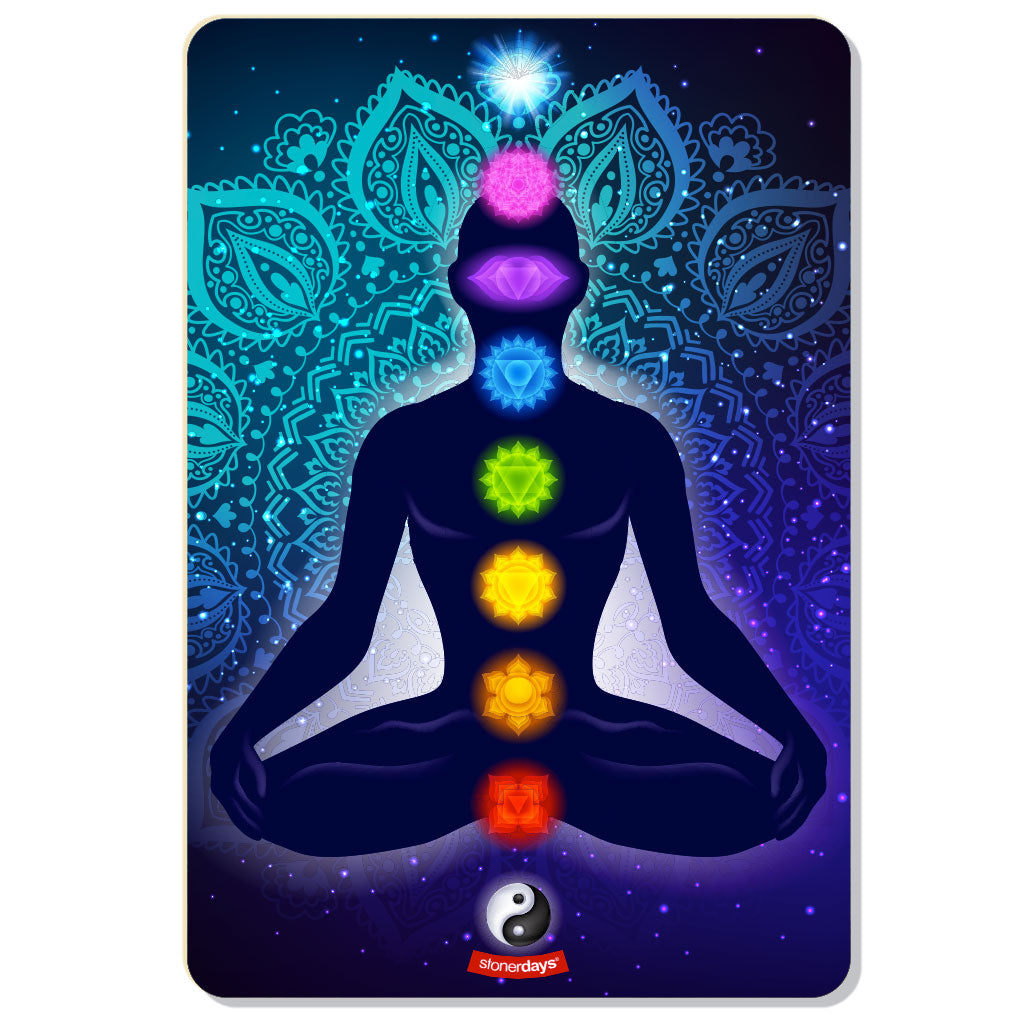StonerDays 7 Chakras Dab Mat featuring UV reactive colors and a meditating figure, 12" x 8" size