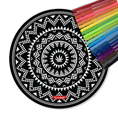 StonerDays Aztec Spiral Creativity Mat Set with vibrant markers, top view, for dab rig customization